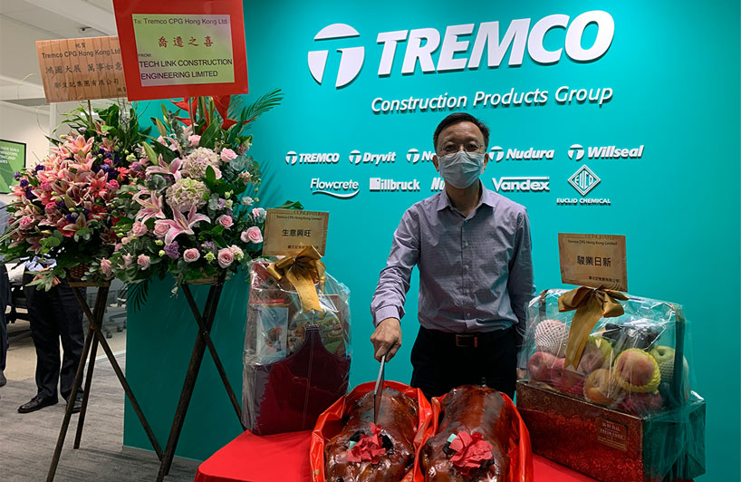Francis Tang, director of Tremco Hong Kong, celebrating the Tremco CPG office opening in the new premises in Hong 